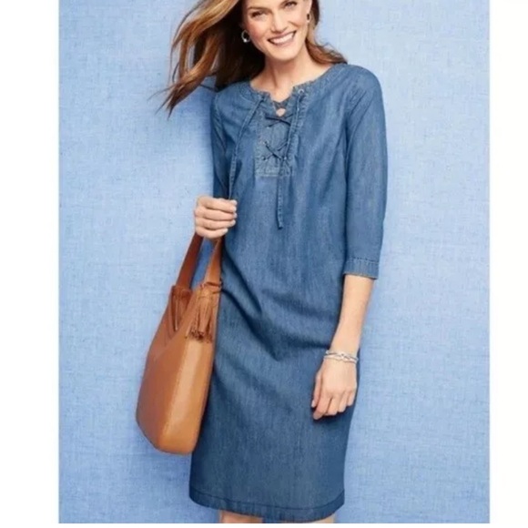 NEW Talbots Lace Up Shift Dress 10 Closet Essential Tencil Blend Preppy Coastal - Picture 10 of 10